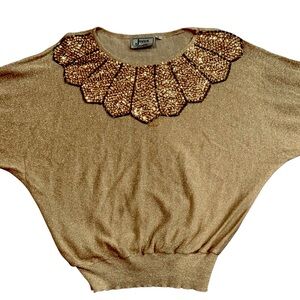 Vintage 80s Gold Metallic Disco Sparkle Beaded Dolman Sleeve Joyce Top L